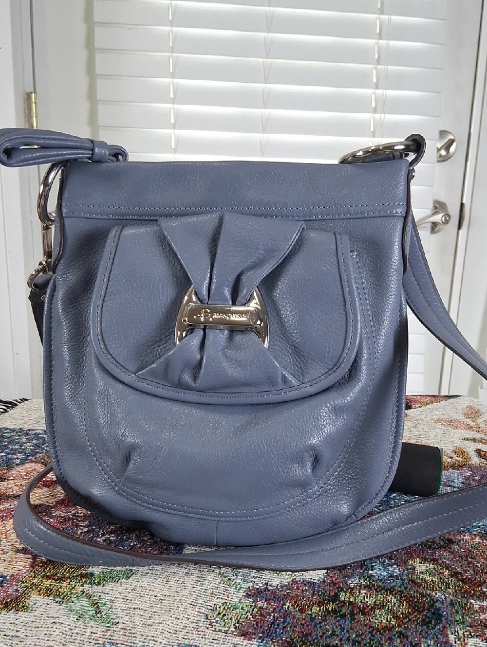 B.Makowsky Slate Blue Leather Crossbody with Front Bow Accent